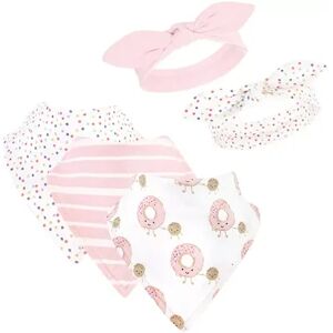 Hudson Baby Infant Girl Cotton Bib and Headband Set 5pk, Donut Hole, Med Pink