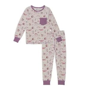 Deux par Deux Organic Cotton Two Piece Printed Pajama Set With Forest Animals, Girl's, Size: 5T, Beige
