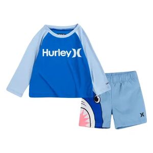 Hurley Baby Boys Hurley Long Sleeve Rash Guard & Shark Shorts Swim Set, Infant Boy's, Size: 12 Months, Light Blue