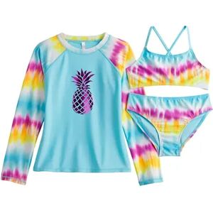 Girls 4-16 SO Tie Dye Foil Pineapple Bikini Top, Bottoms, & Rash Guard Swimsuit Set, Girl's, Size: 4-5, Multi