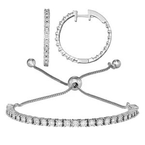 Unbranded Sterling Silver 1/2 Carat T.W. Diamond Adjustable Bracelet & Hoop Earring Set, Women's, White