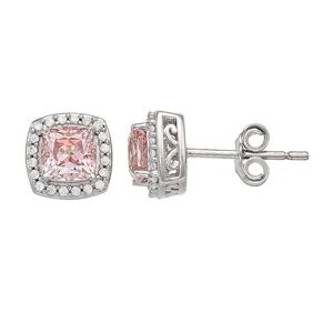 Renaissance Collection Sterling Silver Morganite & Cubic Zirconia Haloed Cushion Stud Earrings, Women's, Pink