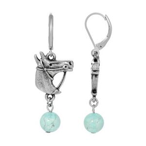 1928 Silver Tone Turquoise Bead Horse Head Earrings, Women's, Blue