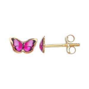 Charming Girl 14k Gold Enameled Pink Butterfly Stud Earring, Girl's