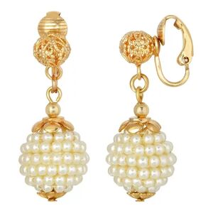 1928 Gold Tone Beaded Simulated Pearl Clip-On Drop Earrings, Women's, White
