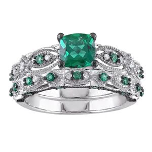 Stella Grace 10k White Gold Lab-Created Emerald & 1/10 Carat.T.W Diamond Vintage Filigree Engagement Ring Set, Women's, Size: 7.50, Green