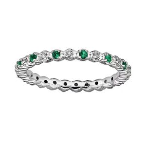 Stacks & Stones Stacks and Stones Sterling Silver Lab-Created Emerald and Diamond Accent Stack Ring, Women's, Size: 7, Green