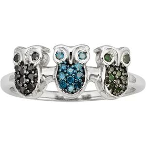 Jewelexcess Sterling Silver 1/4-ct. T.W. Green, Blue and Black Diamond Owl Ring, Women's, Size: 7, Multicolor