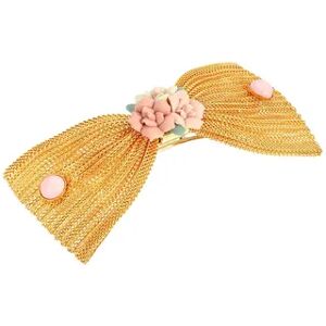 1928 Gold Tone Pink Porcelain Flower Mesh Bow Hair Barrette