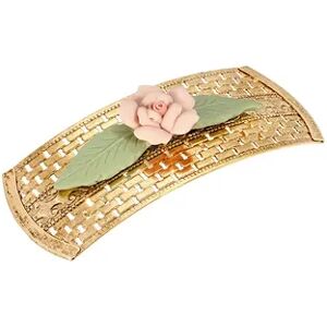 1928 Gold Tone Pink Porcelain Flower Lattice Hair Barrette