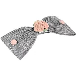 1928 Silver Tone Pink Porcelain Flower Mesh Bow Hair Barrette