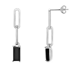 Gemminded Sterling Silver Onyx Linear Drop Earrings, Women's, Black