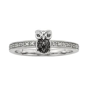 Jewelexcess Sterling Silver 1/10-ct. T.W. Black and White Diamond Owl Ring, Women's, Size: 6