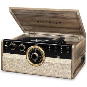 Victrola Empire 6-in-1 Wood Mid Century Modern Bluetooth Record Player with 3-Speed Turntable, CD, Cassette Player and Radio, Brown