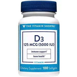 The Vitamin Shoppe Vitamin D3 - 5,000 IU, 100 Softgels, Multicolor, 100 CT