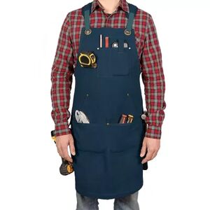 Precision Defined PD Canvas Woodworking Tool Apron with Shoulder Pads, Blue, Cross-Back 9 Tool Pockets, Shop Apron Carpenters, Men, Leather Welding