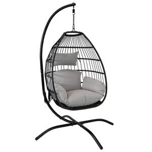 SUNNYDAZE DECOR Sunnydaze Resin Wicker Hanging Egg Chair with Steel Stand/Cushions - Gray, Grey