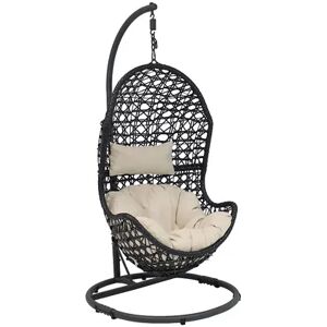 SUNNYDAZE DECOR Sunnydaze Resin Wicker Basket Egg Chair with Steel Stand/Cushions - Gray, Beige