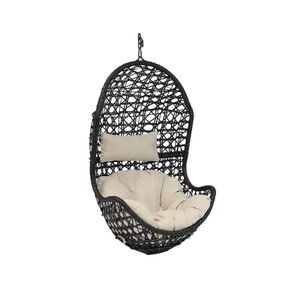 SUNNYDAZE DECOR Sunnydaze Black Resin Wicker Basket Hanging Egg Chair with Cushions - Beige