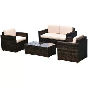 Outsunny 4 Piece Cushioned Patio Furniture Set with 2 Chairs Loveseat and Glass Coffee Table Rattan Wicker Brown/Beige, Mixed Brow