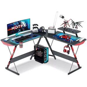 MOTPK 51 Inch L Shaped Carbon Fiber Computer Gaming Desk w/ Monitor Shelf, Black, Grey