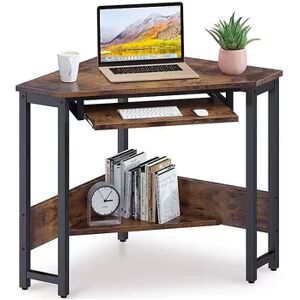 ODK Corner Triangle Computer Desk w/ Storage Space & Keyboard Tray, Rustic Brown, Red/Coppr