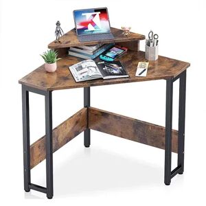 ODK Modern Triangle Corner Computer Writing Desk w/ Monitor Stand, Rustic Brown, Red/Coppr