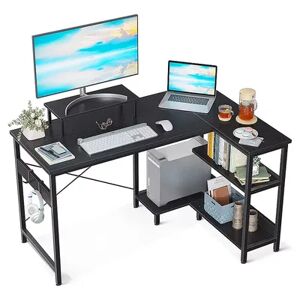 ODK 47 Inch Compact L Shaped Desk with Storage Shelves and Monitor Stand, Black, Grey