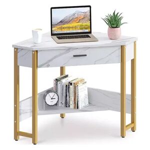 ODK Modern Triangle Corner Vanity Writing Desk with Large Drawer, Gold Marble, White