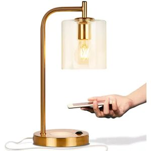 Brightech Elizabeth LED Table Lamp with USB Port and Wireless Charging Pad, Beige Over