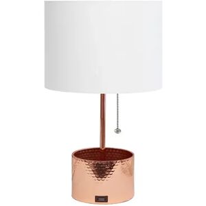 Simple Designs Hammered Metal Organizer Table Lamp with USB charging port and Fabric Shade, Rose Gold, Med Pink