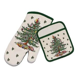 Spode Christmas Tree Pot Holder & Oven Mitt Set, Beig/Green