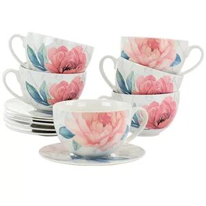 Martha Stewart Gibson Everyday 12 Piece Ceramic Flora 18 Ounce Cup and Saucer Set in White