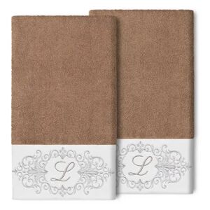 Linum Home Textiles Turkish Cotton Monica 2-piece Embellished Bath Towel Set, Lt Brown, 2 Pc Set