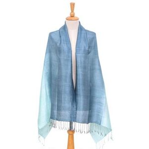 NOVICA 'Blue and Green Fringed Silk Shawl Hand-Woven in Thailand'