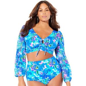 Plus Size Women's Bra-Sized Mesh Sleeve Underwire Bikini Top by Swimsuits For All in Blue Watercolor Florals (Size 38 G)