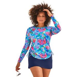 Plus Size Women's Adjustable Side Tie Long Sleeve Swim Tee with Built-In Bra by Swimsuits For All in Bright Watercolor Floral (Size 8)