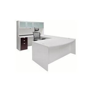 White & Woodgrain U-Shaped Workstation w/Hutch