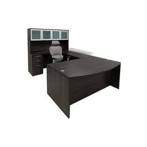 Charcoal Woodgrain Laminate Electric Lift Adjustable Bridge U-Desk w/Hutch