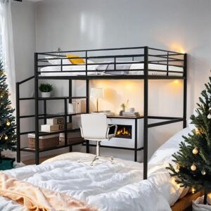 VANTOUL Industrial Modern Full Size Metal Loft Bed with Desk and Lateral Storage Ladder, Sturdy Construction & Safety Guaranteed, Black Full