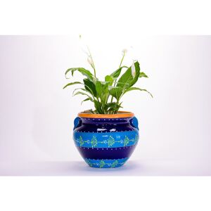 Evergreen 12 in. Stripped Blue Talavera Ceramic Chata Planter 12.0 In. L X 12.0 In. W X 10.0 In. H