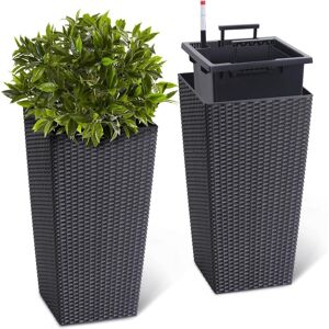 Coromose 22.5 Inch Tall Planter Set of 2 Large Rattan Flower Pot, 2 Trays & a Water Level Monitor & Wheels 9.0 In. W X 22.51 In. H X 12.0 In. D