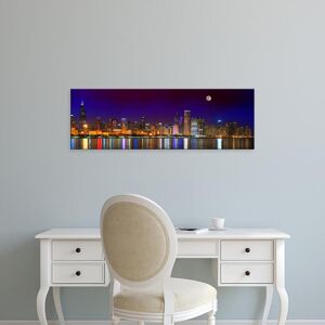 Easy Art Prints Panoramic Image 'Skyline, Cubs World Series, Moonrise, Lake Michigan, Chicago, Illinois' Canvas Art 12 x 36