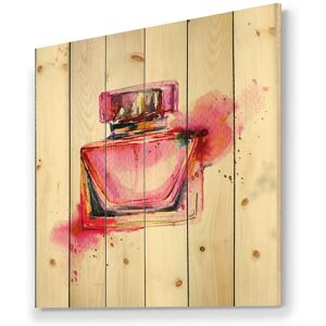 DESIGN ART Designart 'Bottle Of Perfume In Pink Watercolor' Modern Print on Natural Pine Wood 16 In. wide X 16 In. high