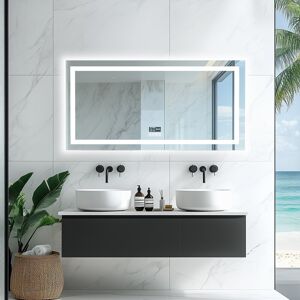 AESOME Smart LED Illuminated Fog-free Large Bathroom Mirror with Bluetooth Speakers, Digital Display 48