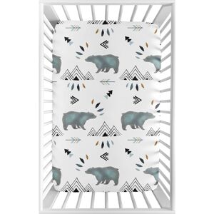 Sweet Jojo Designs Blue White Watercolor Bear Mountain Collection Fitted Mini Portable Crib Sheet 38.0 In. L X 24.0 In. W X 5.0 In. H