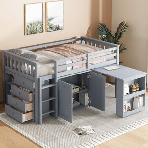 NUBRAND Twin Loft Bed Rubber Wood Loft Bed with 4 Drawer, Safety Guardrail, Ladder and Storage Cabinet for Kids Twin