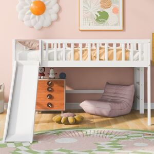 Pammeliinc Full Size Low Loft Bed with Side Ladder and Removable Slide,Spacious Space Under Bed - Loft Full Size Bed Wood Bed Frame for Kid Full