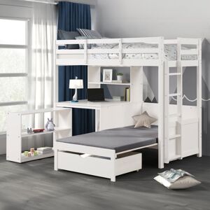 Furniture of America Aurelian Modern Twin 4-in-1 White Solid Pinewood Loft Bed with Bookcase, Desk and Convertible Bench Twin