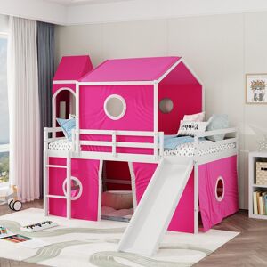 Roomfitters Full Size Loft Bed with Slide, Pink Tent and Decorative Tower, Playful Sleeping Platform, Pink Full
